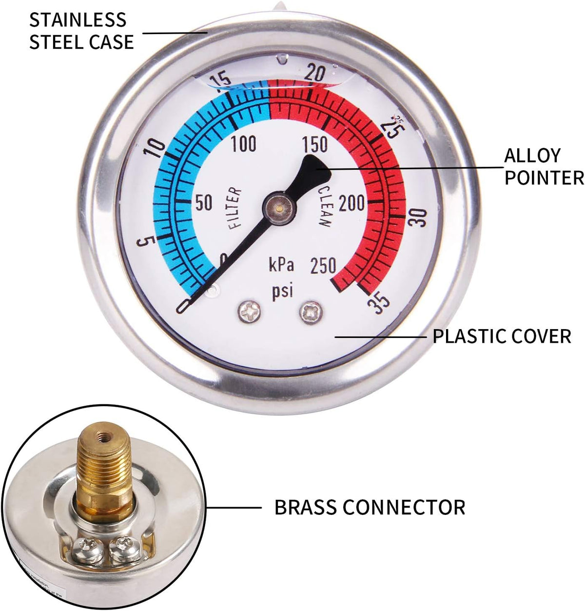 2 Dial Glycerine Filled Pool Filter Pressure Gauge C1675
