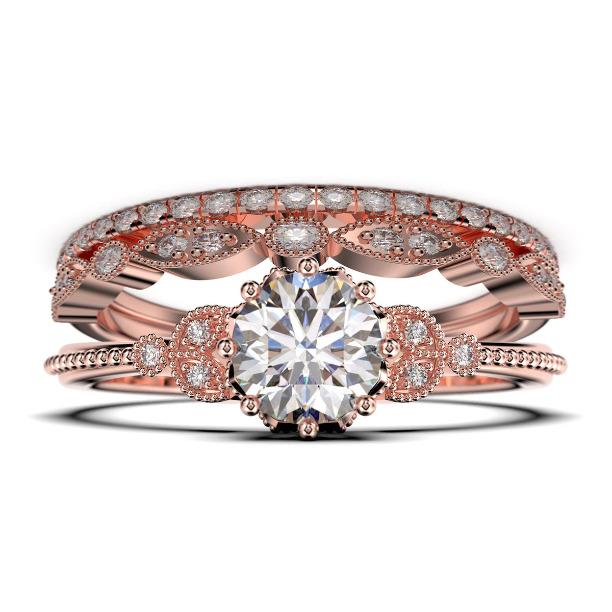 2.25 Carat Round Cut Diamond Moissanite Floral Engagement Ring In 925 Sterling Silver With 18K Rose Gold Plating O2621