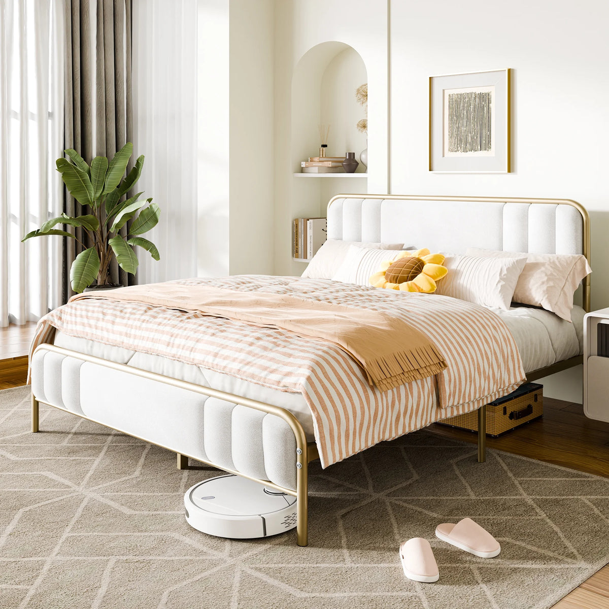 Gold Queen Size Velvet Fabric Headboard Metal Platform Bed L861540
