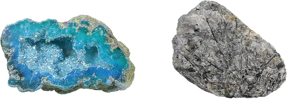 Blue Angel Aura Quartz Geode Stone and Black Rutilated Quartz Raw Crystals F3087