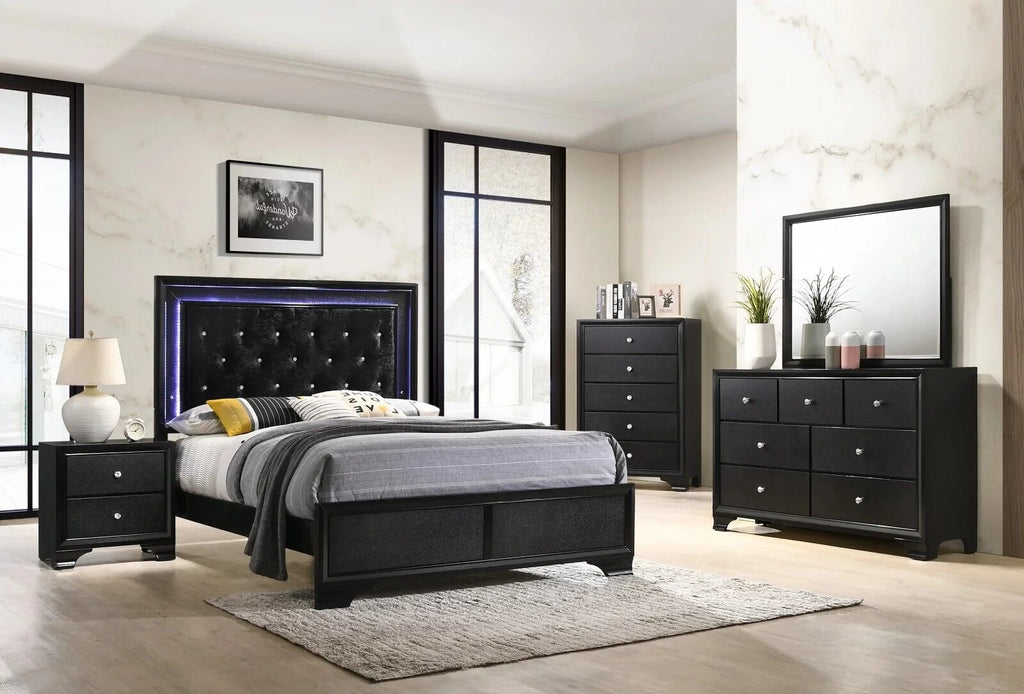 Black Full Size Upholstery LED Bed Dresser Mirror Nightstand Set C8305