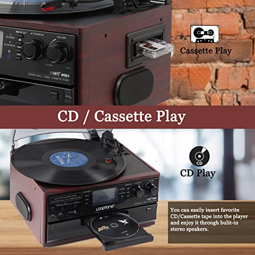 10 in 1 Bluetooth Record Player Turntable with CD Player Cassette AM/FM Radio Built in Speaker M7355