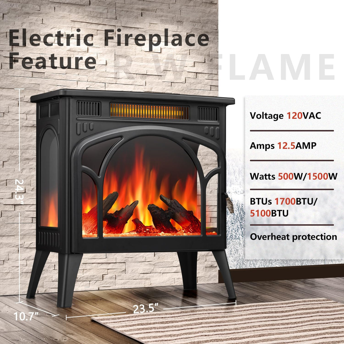 25" Freestanding Electric Fireplace Heater with 12 Flame Color I15468
