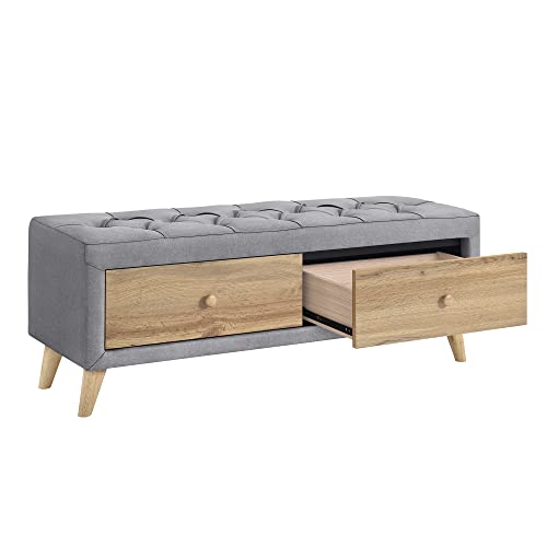 Gray Upholstered Wooden Storage Ottoman Bench with 2 Drawers T996