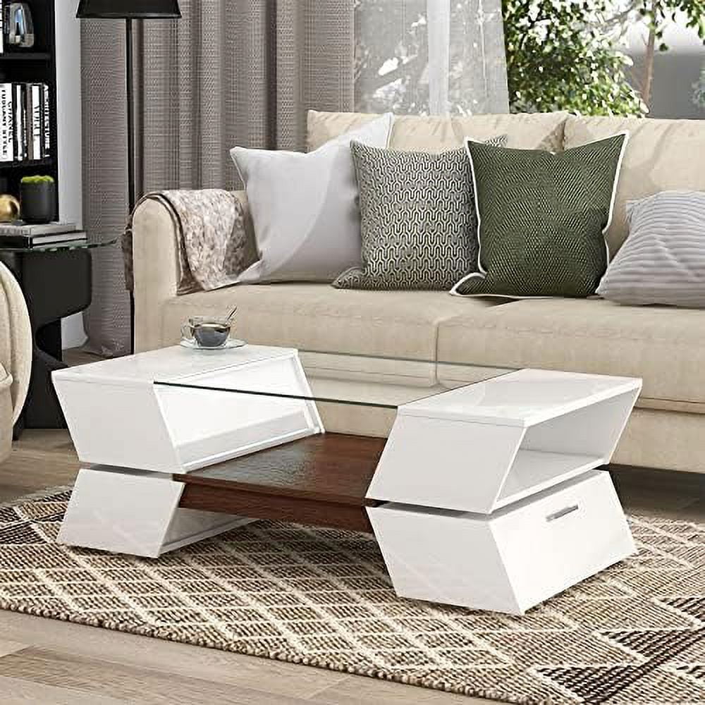 Modern High Gloss 2-Tier Coffee Table with Open Shelves and Cabinets K2917