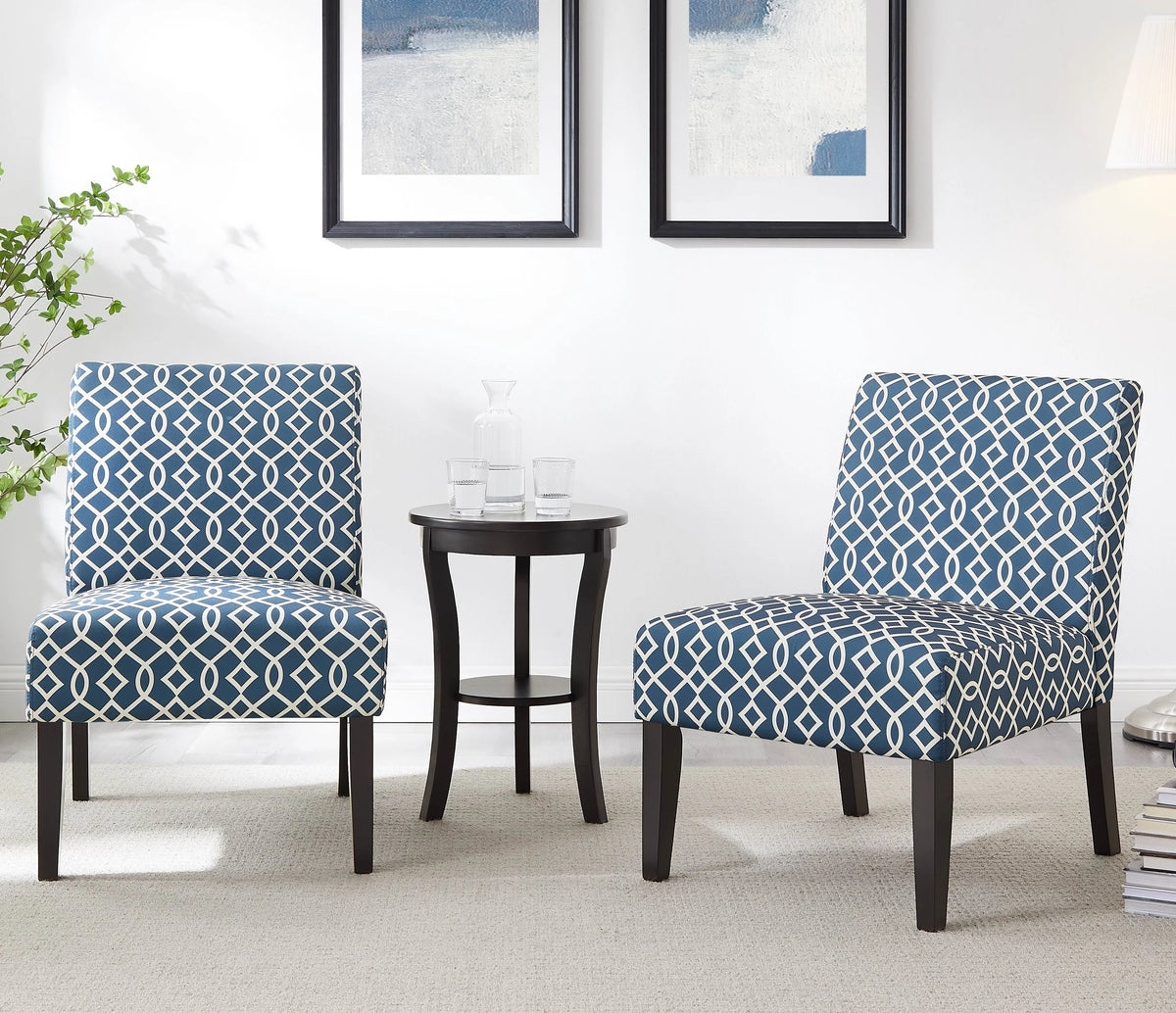 3pc Blue Fabric Upholstered Side Table and 2 Chairs A52363