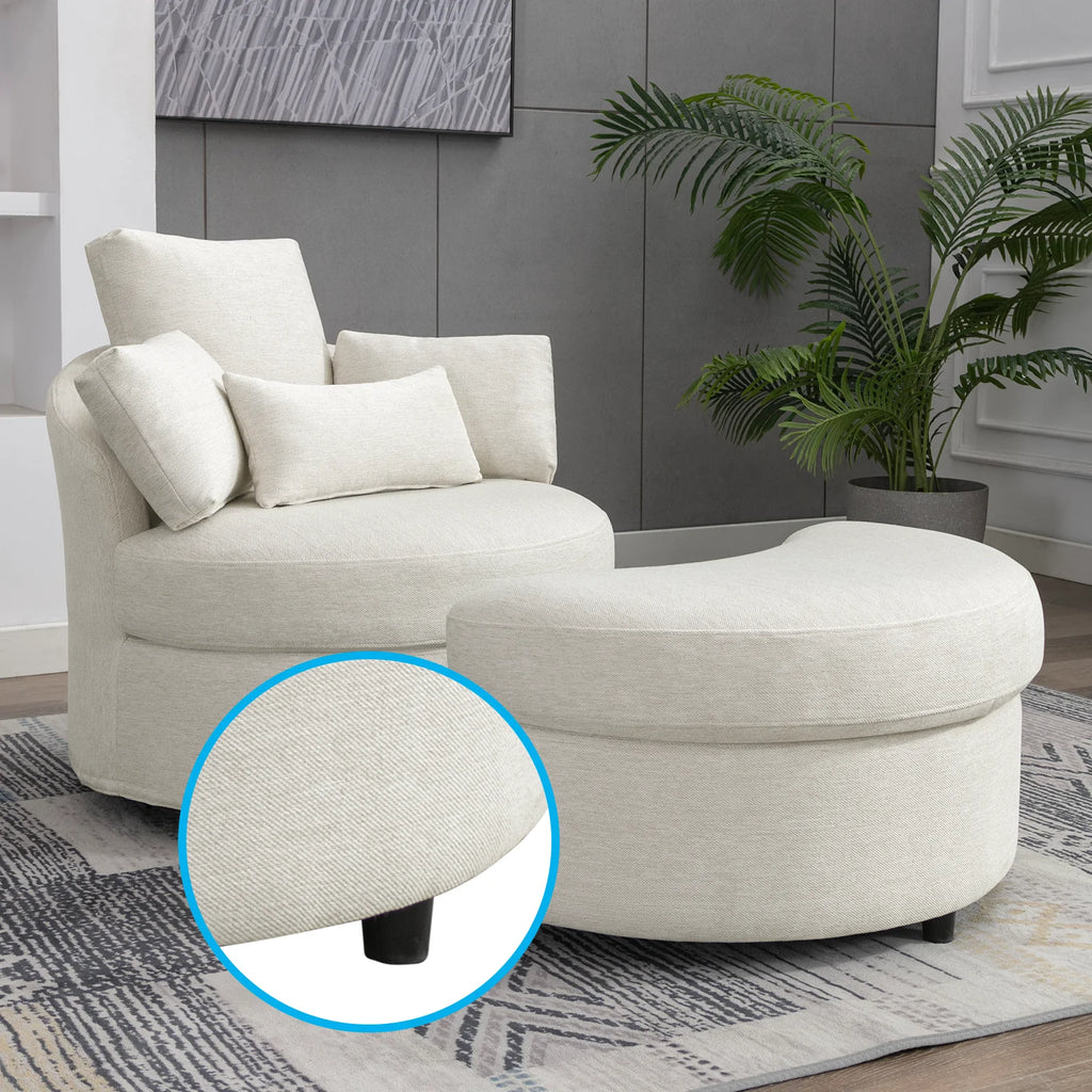 Beige Linen Fabric Swivel Accent Barrel Chair with Storage Ottoman and 3 Pillows D90405