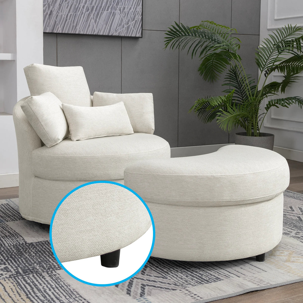 Beige Linen Fabric Swivel Accent Barrel Chair with Storage Ottoman and 3 Pillows D90405