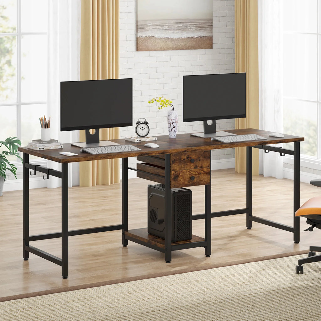 78 Inch 2 Person Desk with 2 Drawers and Storage Shelves K5843