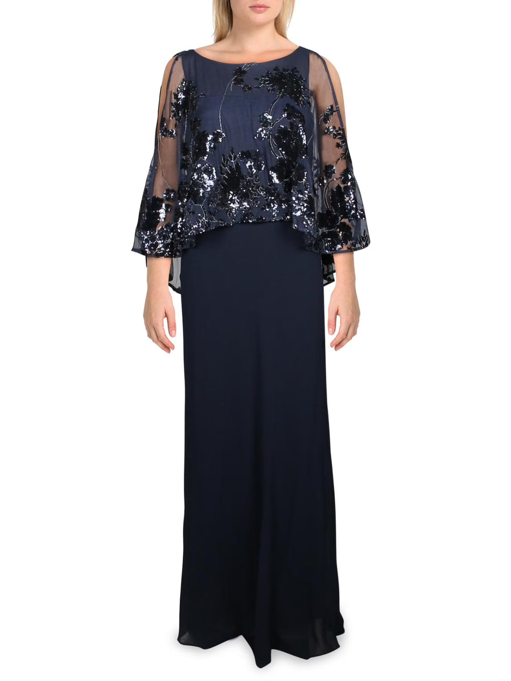 Navy Sequined Mesh Evening Dress H22367