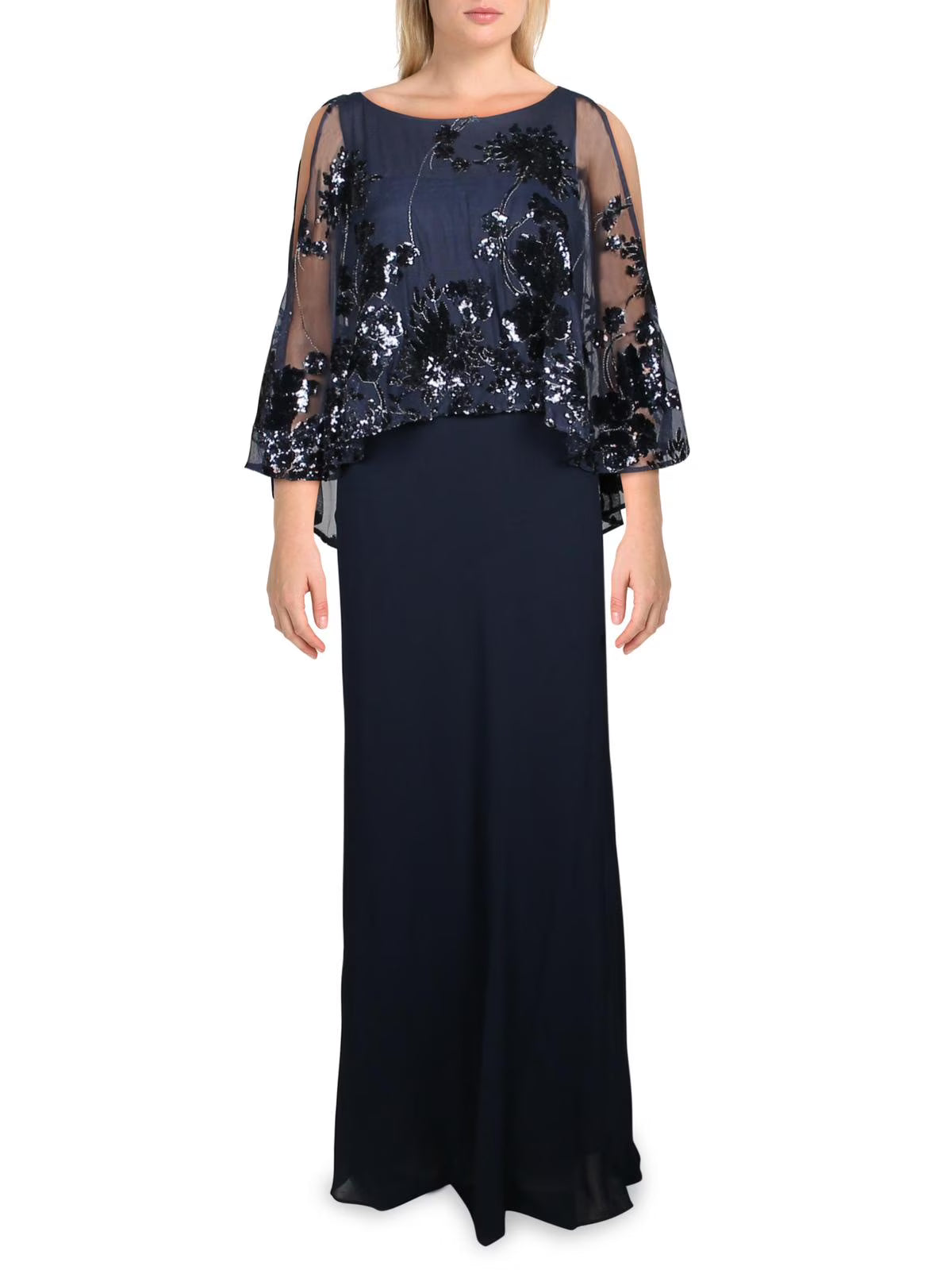 Navy Sequined Mesh Evening Dress H22367