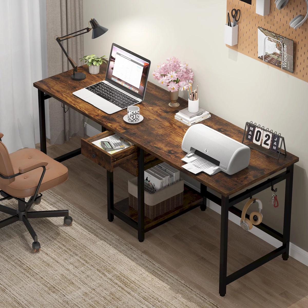 78 Inch 2 Person Desk with 2 Drawers and Storage Shelves K5843