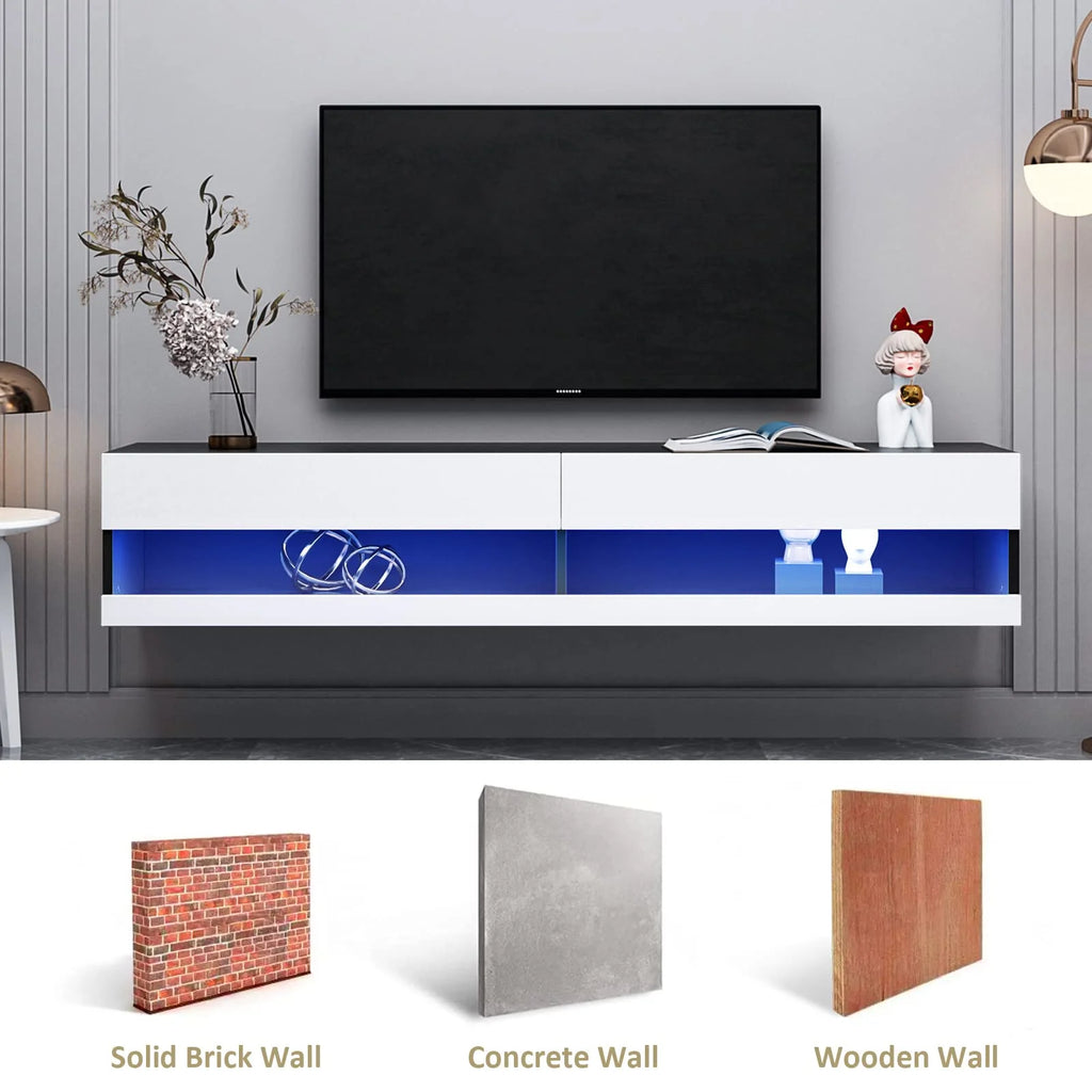 White Black High Gloss Floating TV Stand with LED Lights A4375