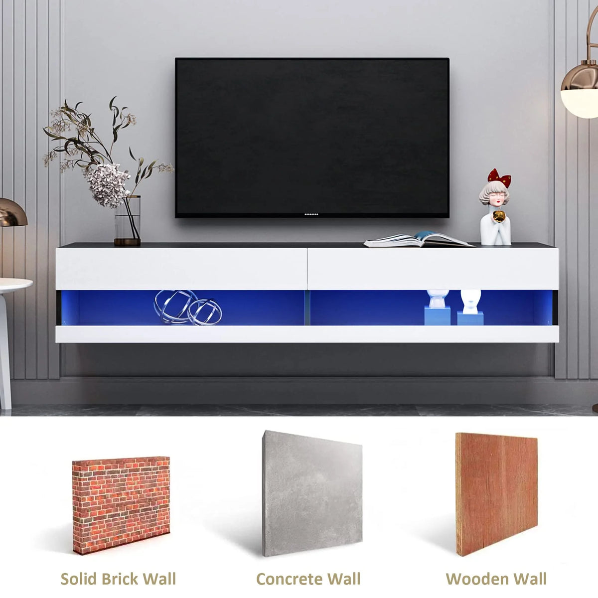 White Black High Gloss Floating TV Stand with LED Lights A4375