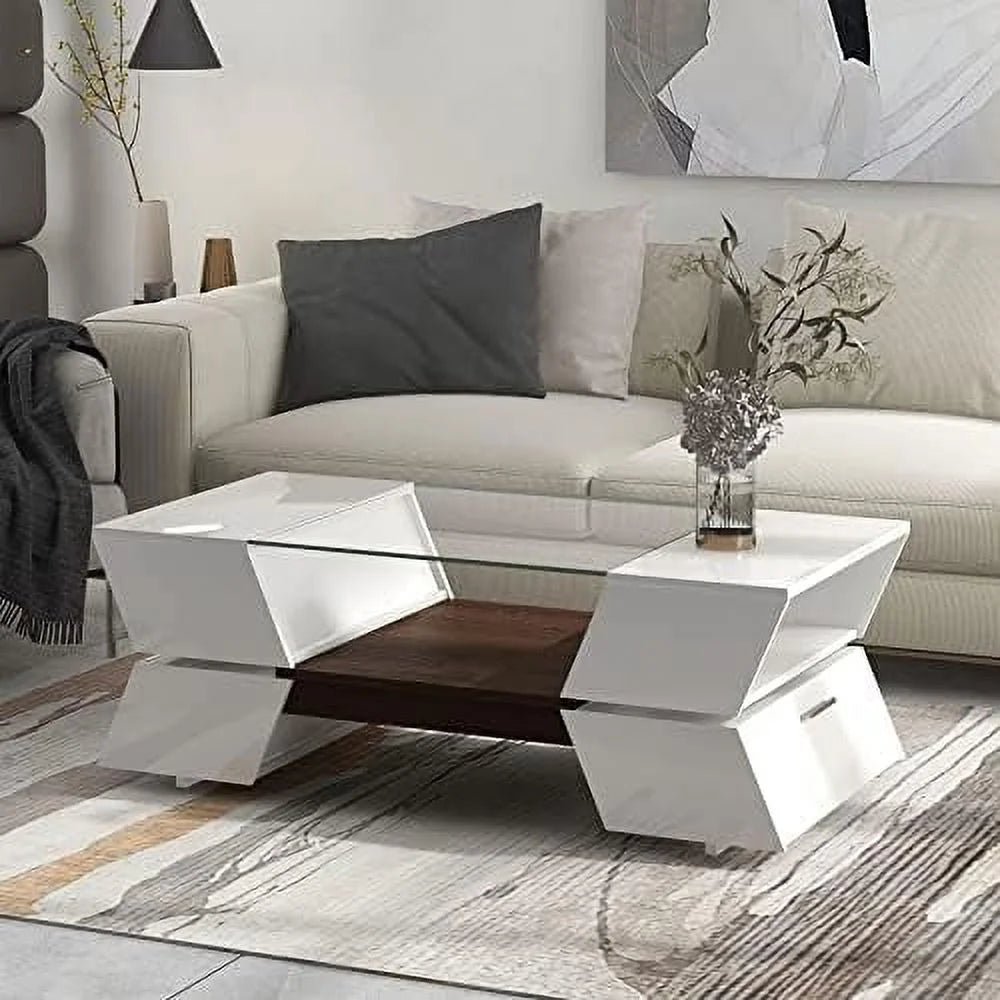 Modern High Gloss 2-Tier Coffee Table with Open Shelves and Cabinets K2917