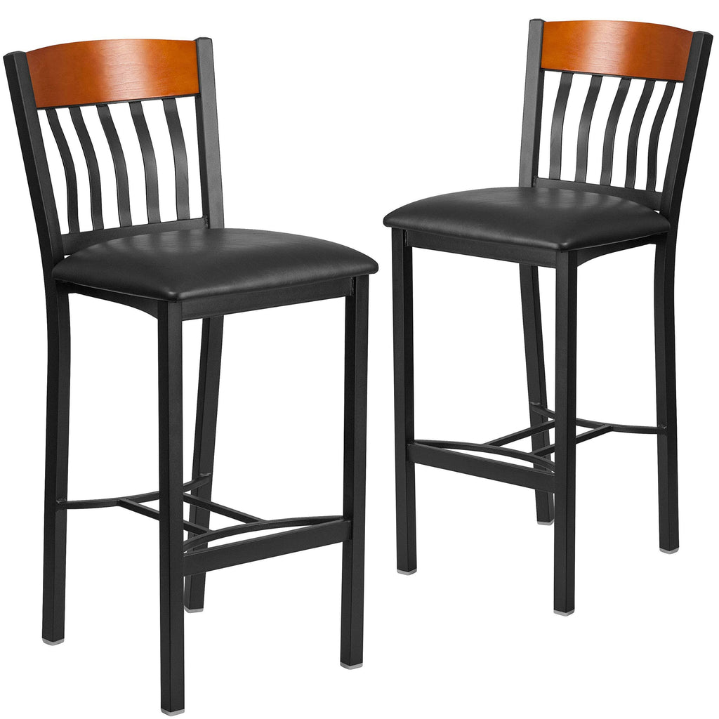 Black Metal & Cherry Wood Barstool with Black Vinyl Seat A551314