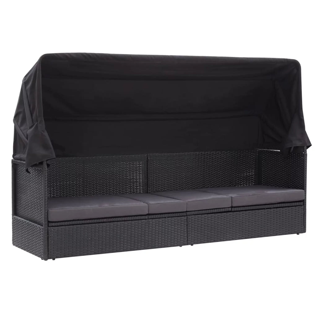 Black Poly Rattan Sun Lounger with Canopy and Cushion G9956