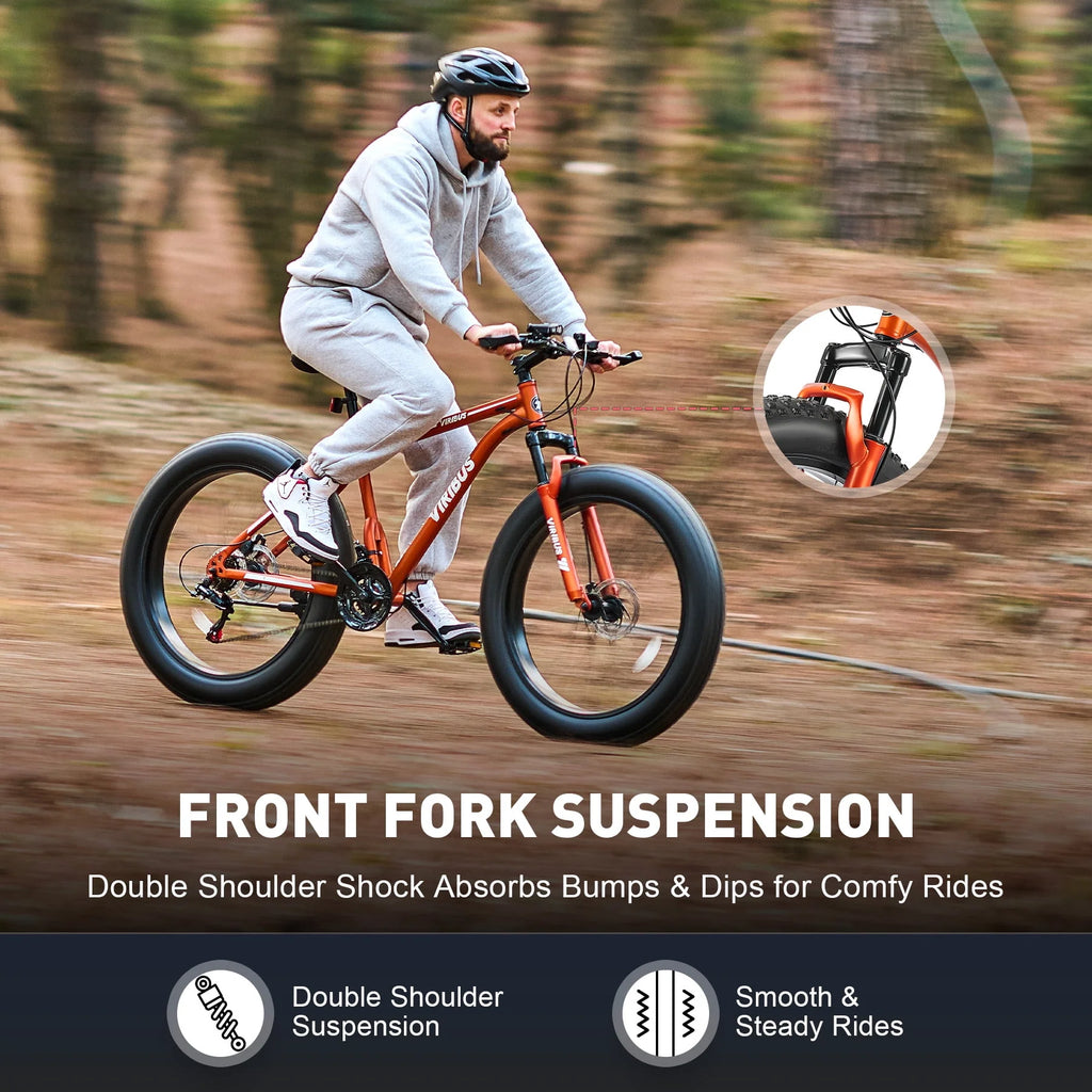 26 Fat Tire Mountain Bike with Front Suspension 21 Speeds Disc Brakes Orange S37064
