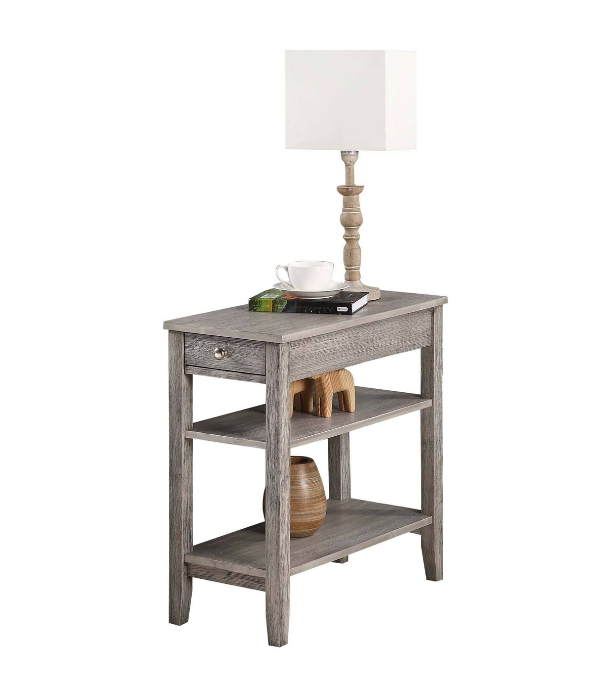 Three Tier End Table with Drawer, Light Gray E765178