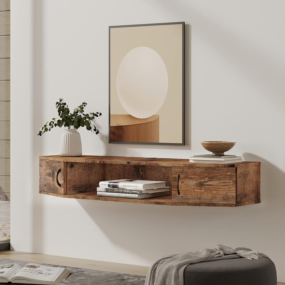 Black Floating TV Stand with Door Wood Media Console T737887