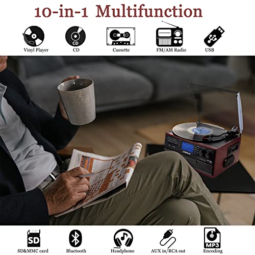 10 in 1 Bluetooth Record Player Turntable with CD Player Cassette AM/FM Radio Built in Speaker M7355