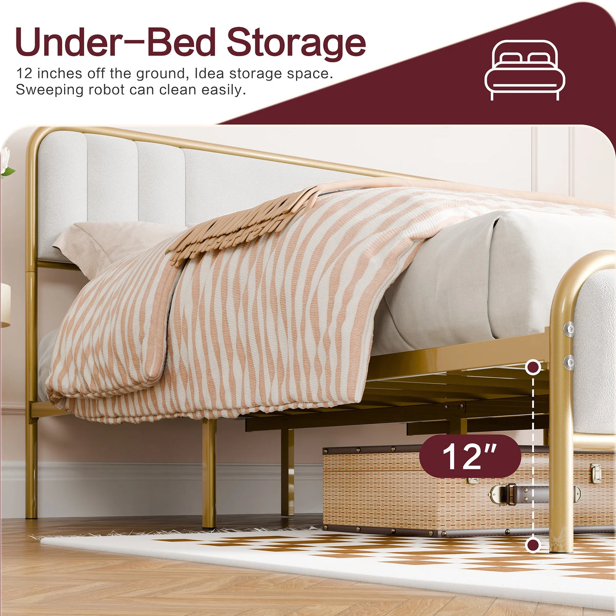 Gold Queen Size Velvet Fabric Headboard Metal Platform Bed L861540