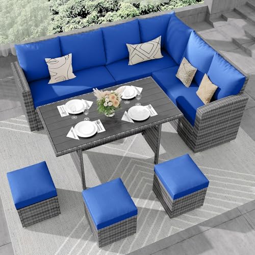 7 Piece Outdoor Patio Furniture Set with Plastic Wooden Table Q34327
