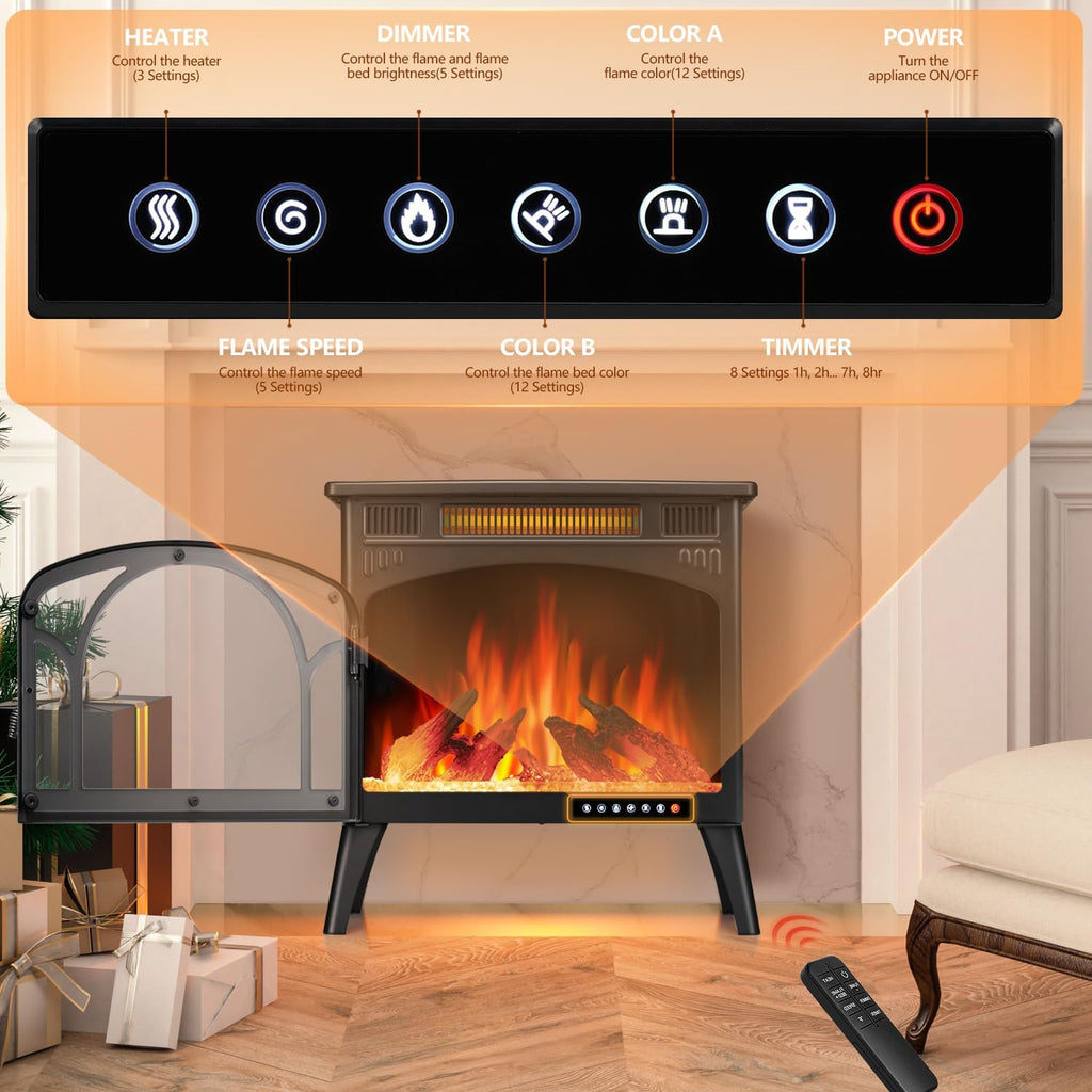 25" Freestanding Electric Fireplace Heater with 12 Flame Color I15468