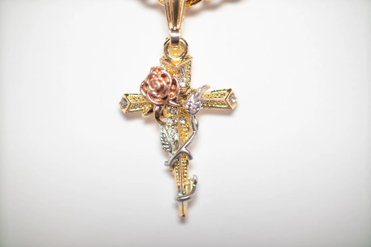 14K Bonded Gold Cuban Chain Necklace with Rose Cross Charm Y111657