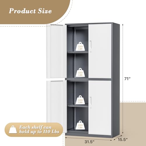 Metal Storage Cabinet with 4 Lock Doors and 4 Adjustable Shelves, 74" Tall Rolling Cabinet M1827