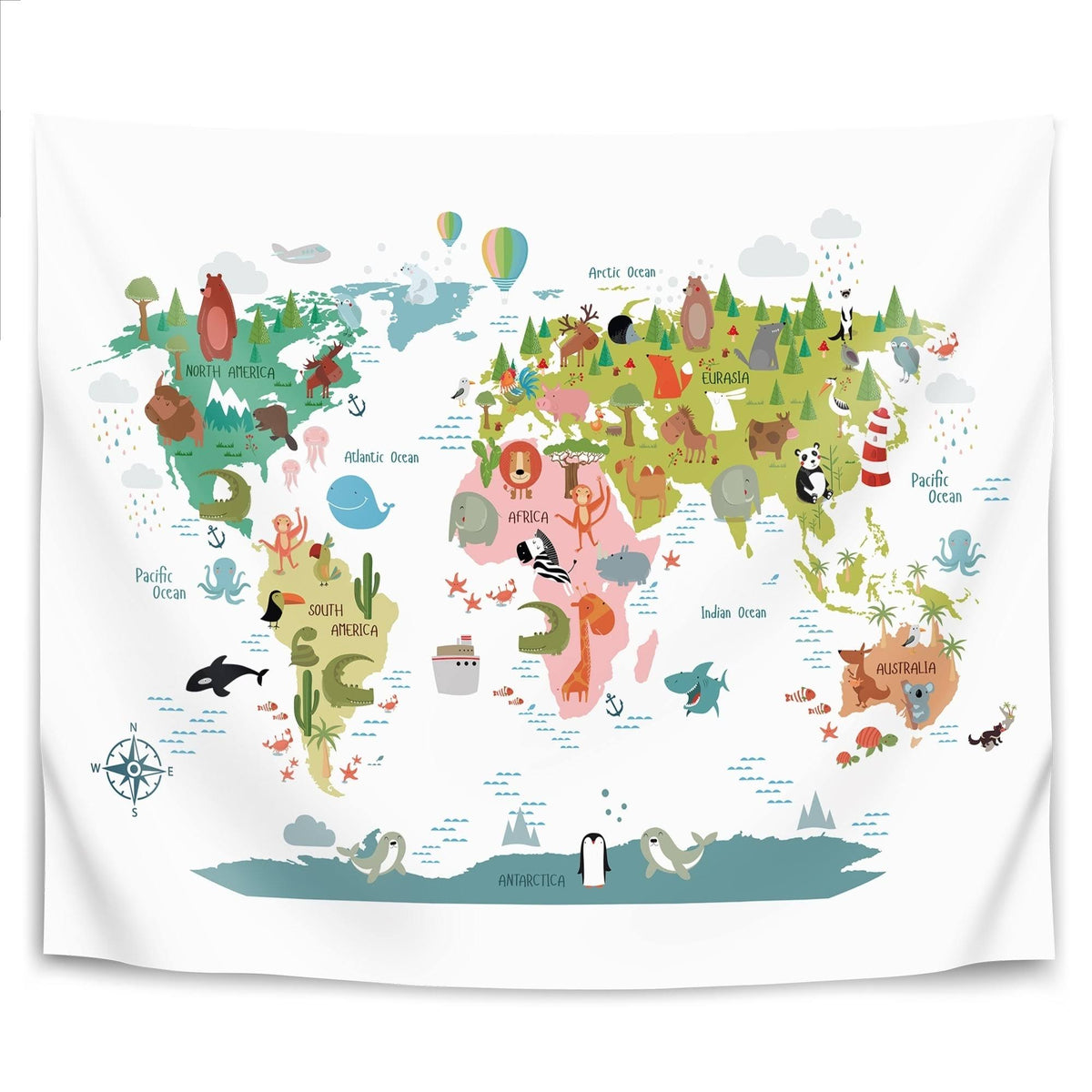 Animals World Map Wall Tapestry Z1358