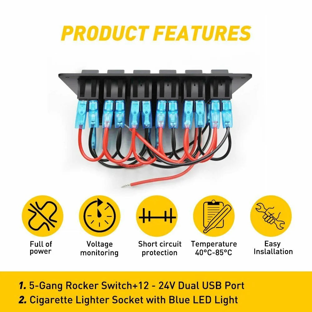 6 Gang Blue LED Rocker Switch Panel M383