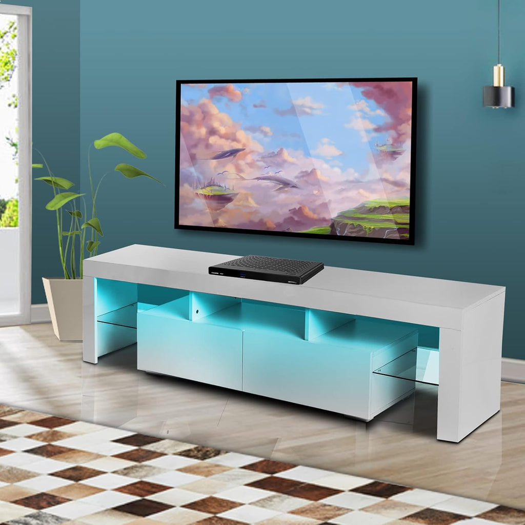 White Wall-Mounted TV Stand with LED Lights and 2 Storage Drawers H27289