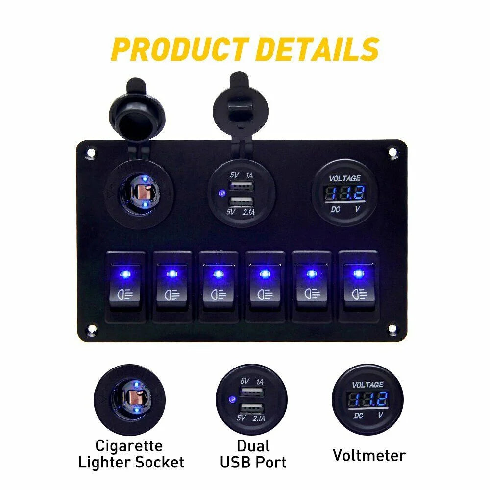 6 Gang Blue LED Rocker Switch Panel M383