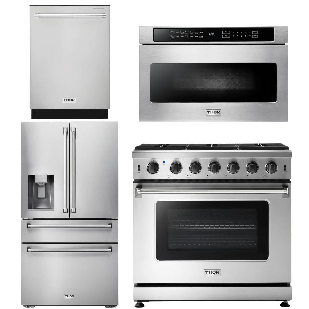 36 Propane Gas Range, Microwave, Refrigerator, Dishwasher Q614