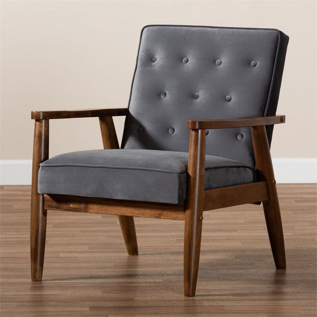 Grey Velvet Upholstered Wood Lounge Chair C1203