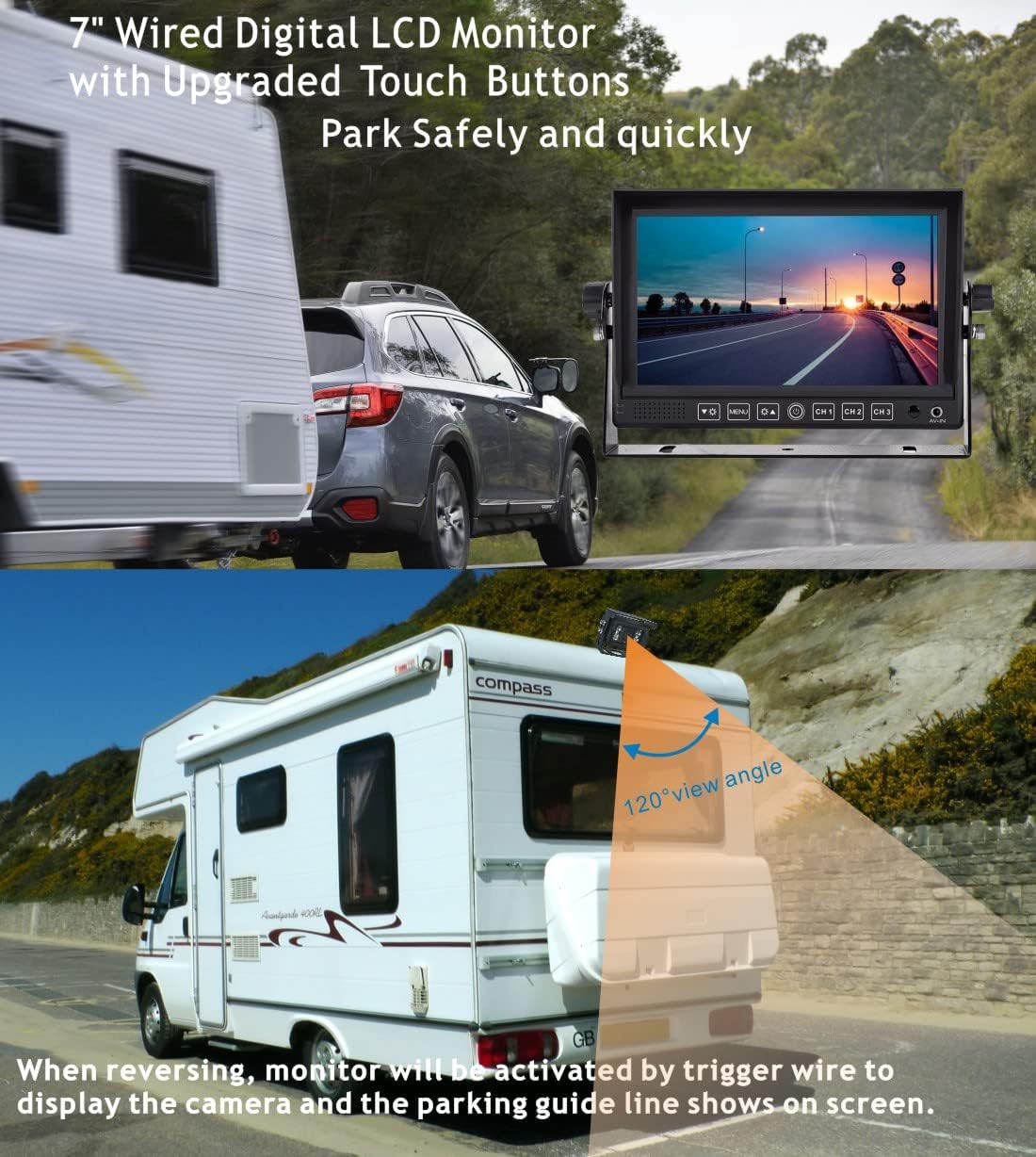 Wired 7 LCD Monitor Backup Camera System with Night Vision IP69K Waterproof Camera N122896