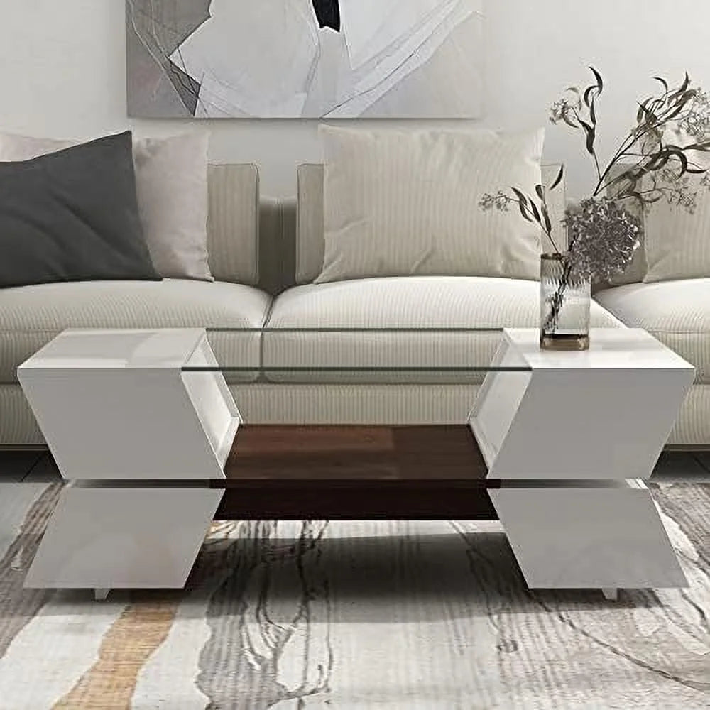 Modern High Gloss 2-Tier Coffee Table with Open Shelves and Cabinets K2917