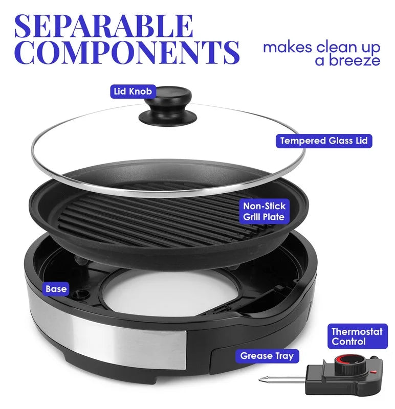 12" Indoor Electric BBQ Grill with Glass Lid X5330