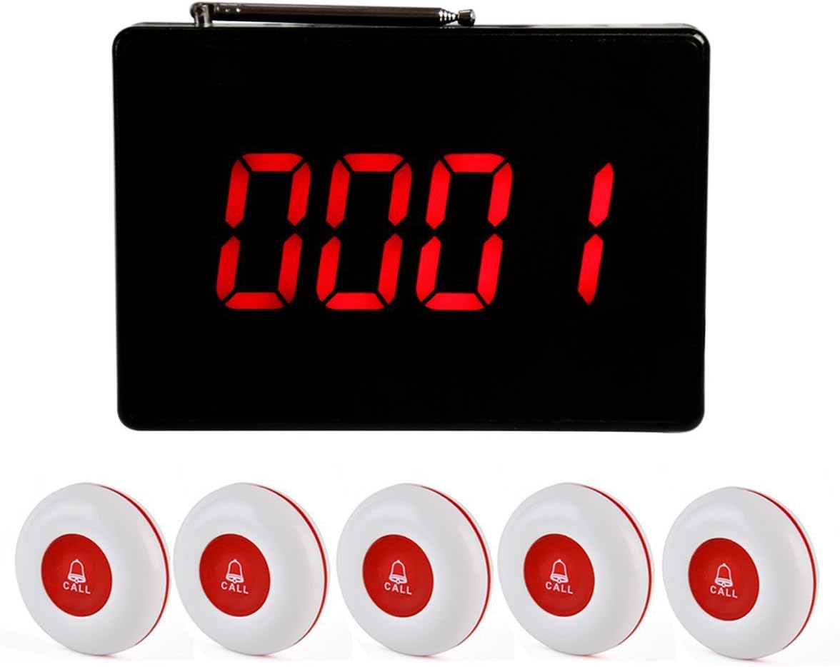 Wireless Calling System with 5 PCS Waterproof Call Buttons and 1PC Display Receiver W840347