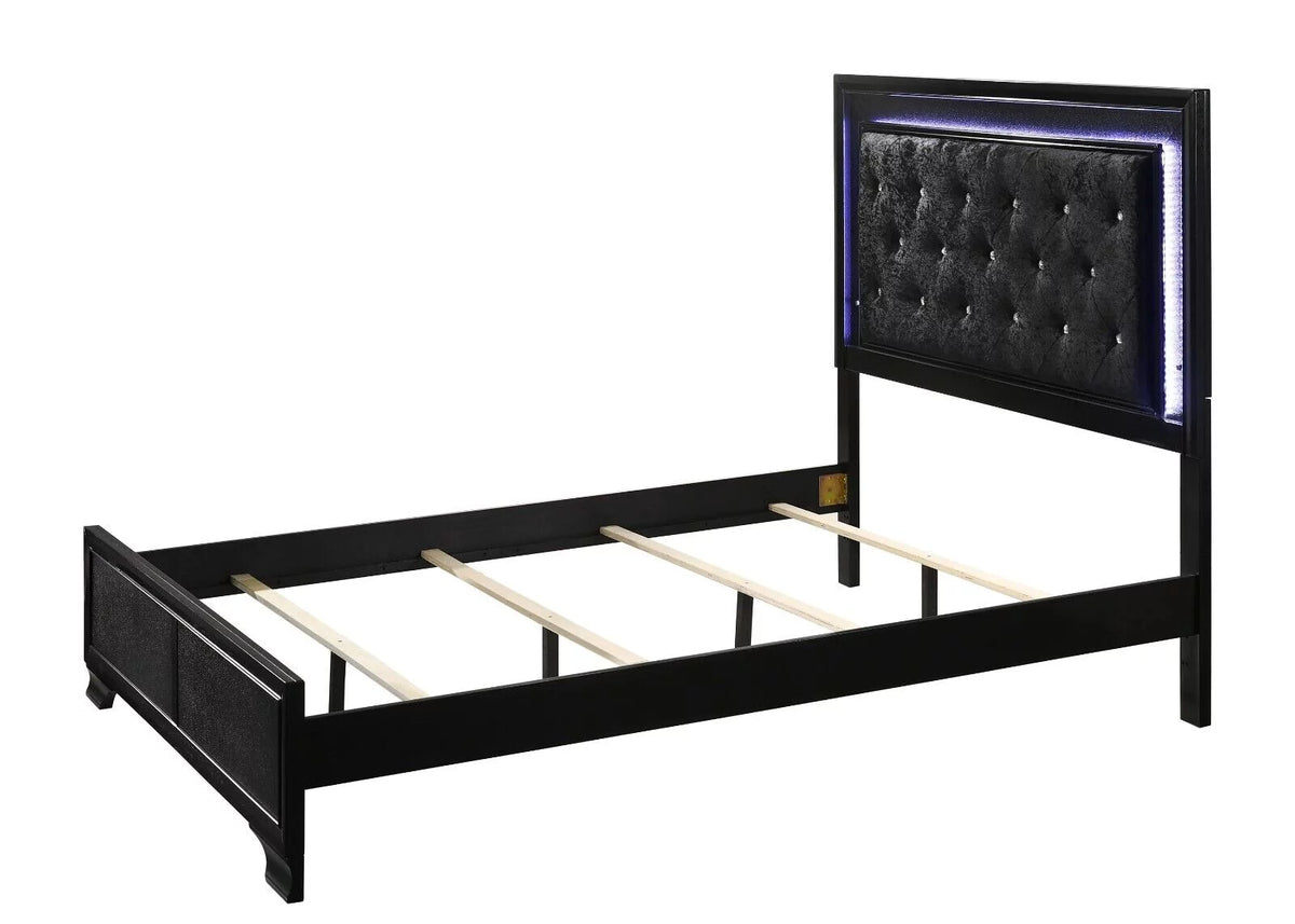Black Full Size Upholstery LED Bed Dresser Mirror Nightstand Set C8305