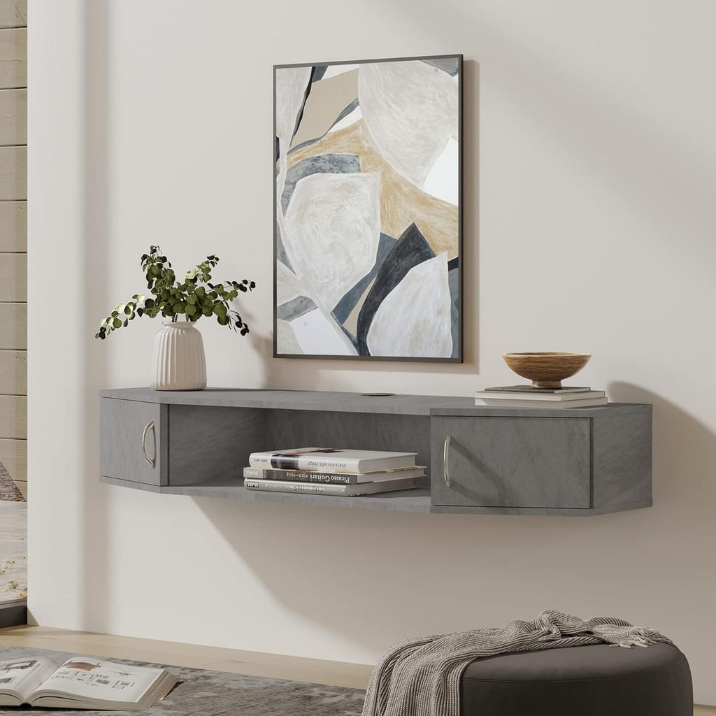 Black Floating TV Stand with Door Wood Media Console T737887