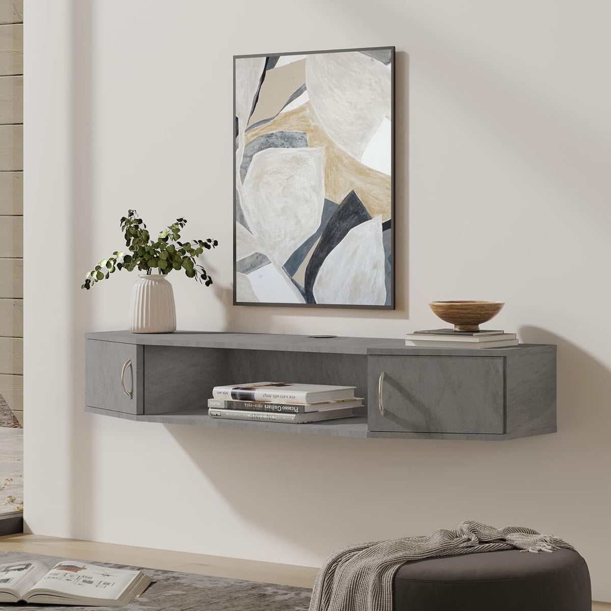 Black Floating TV Stand with Door Wood Media Console T737887