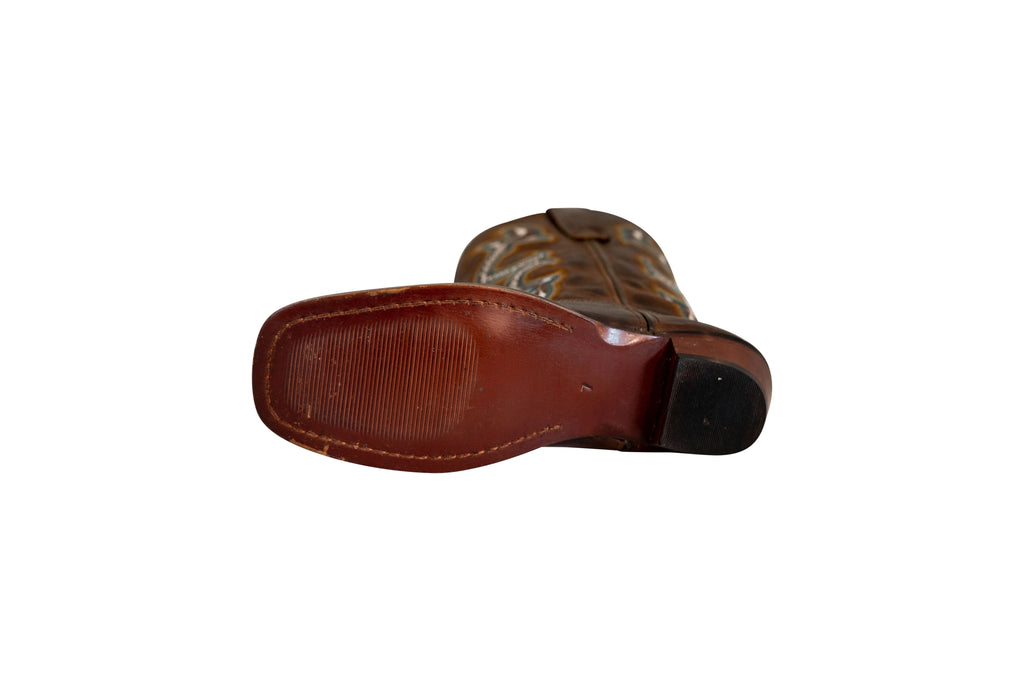 Brown Leather Square Toe Western Boots E559