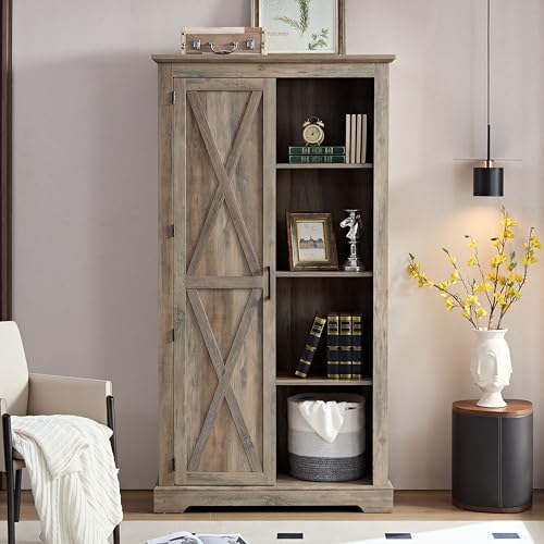 Tall Storage Cabinet Bookcase with Sliding Barn Door and Adjustable Shelf P10875