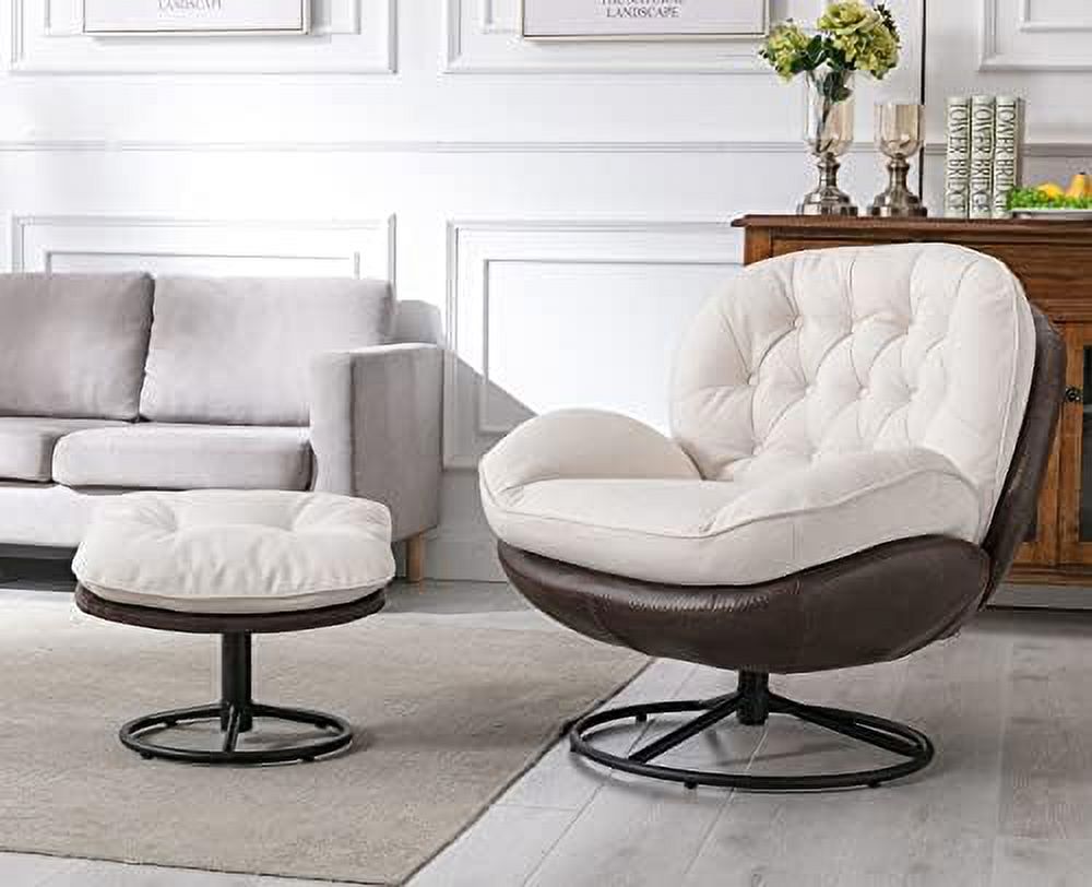 White Linen Swivel Arm Chair with Ottoman F243147