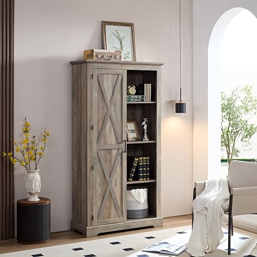 Tall Storage Cabinet Bookcase with Sliding Barn Door and Adjustable Shelf P10875