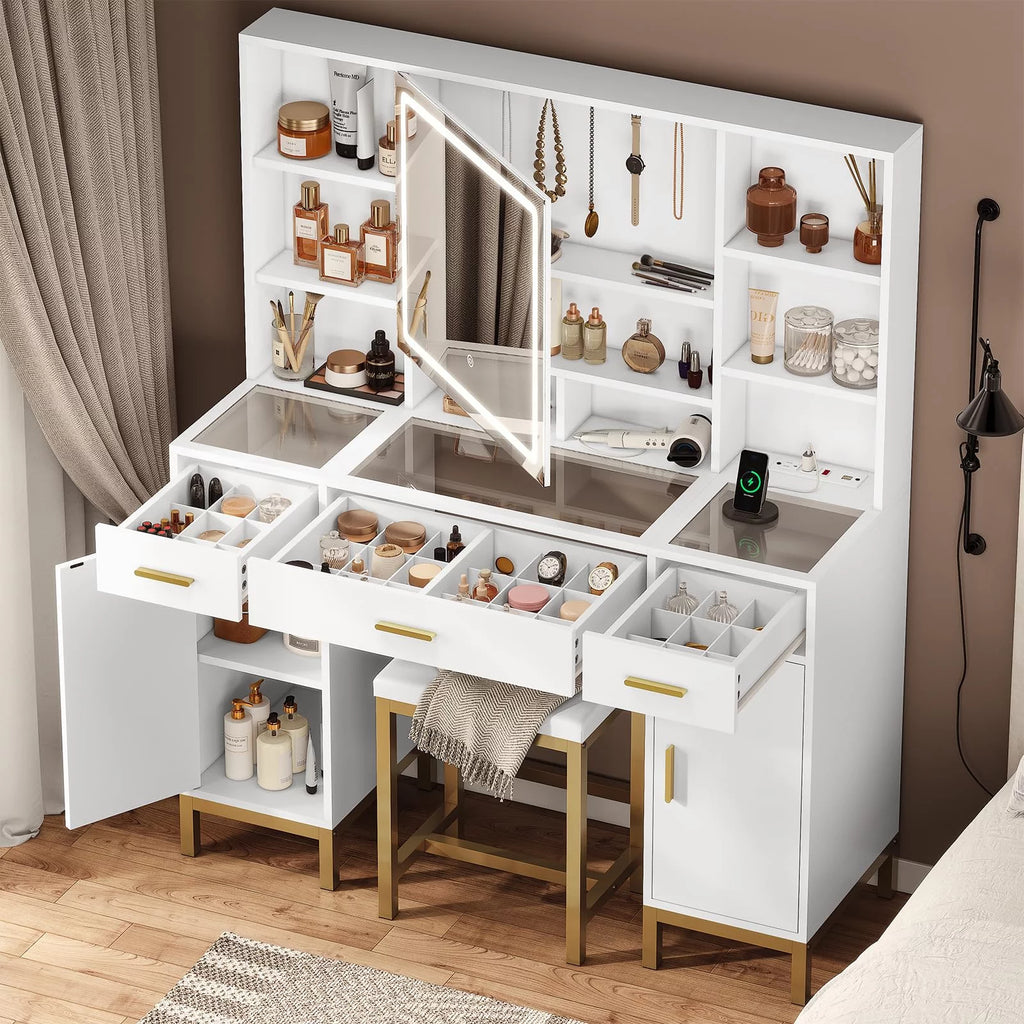 White Vanity Set with Lighted Mirror and Charging Station S7172