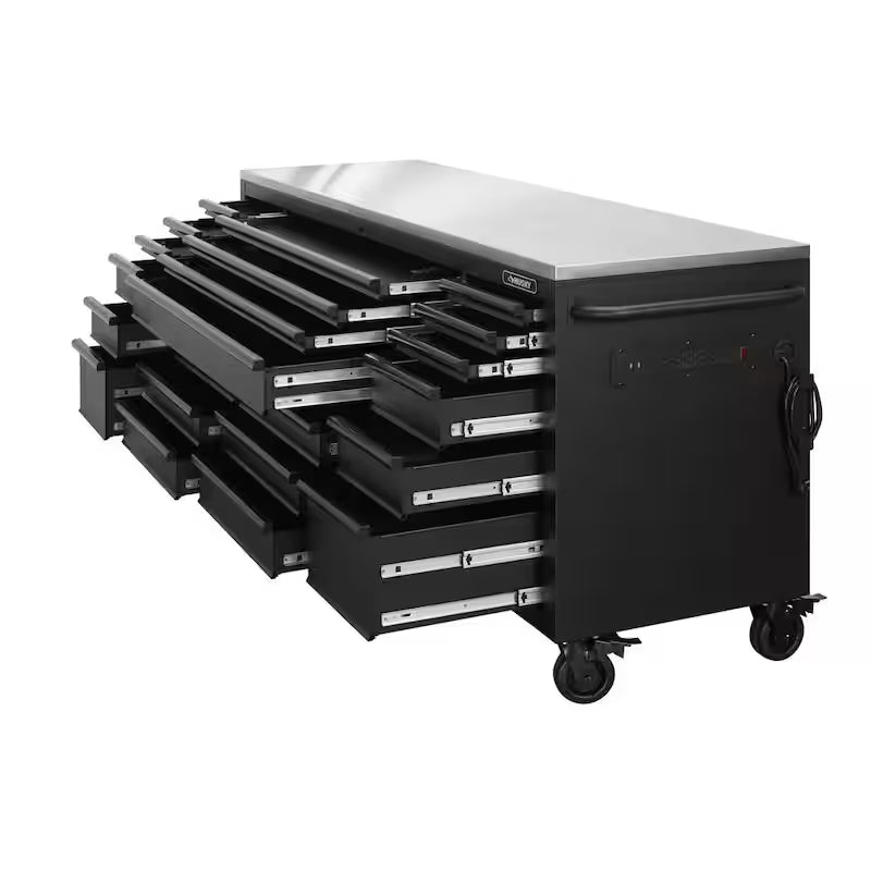 84 in. Heavy Duty Matte Black Mobile Workbench Tool Chest with Stainless Steel Work Top Z434