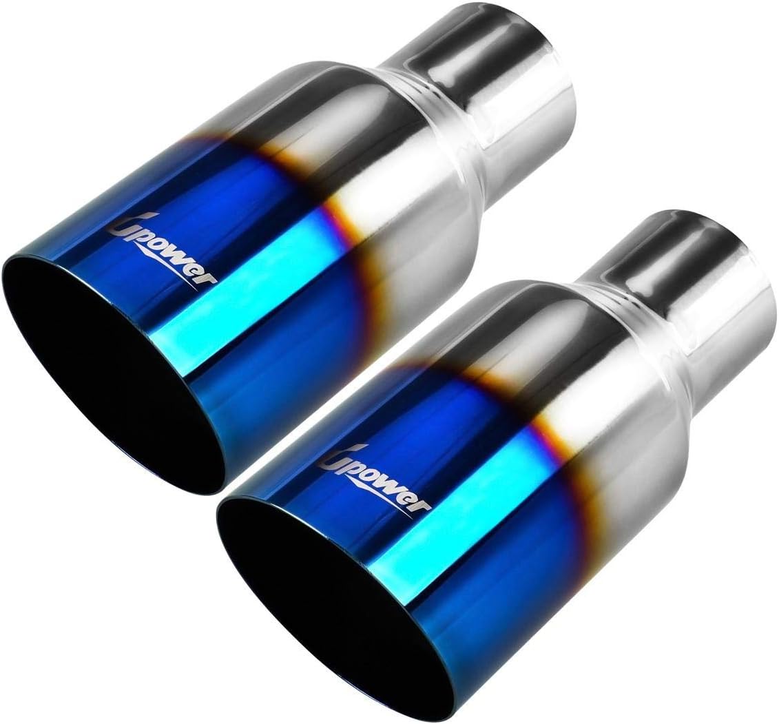 Blue Burnt Exhaust Tip 2.5" Inlet 4" Outlet 9" Long Single Wall Slant Cut 304 Stainless Steel Pack of 2 A9966